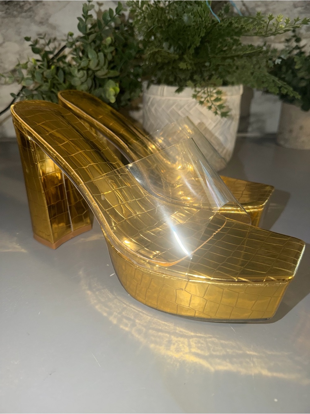 Gold Platform Slide Heels with Clear Strap